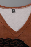 Coffee Fashion Casual Print Patchwork V Neck Short Sleeve Dress