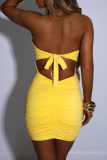 Yellow Sexy Solid Hollowed Out Strapless Pencil Skirt Dresses