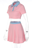 Pink Fashion Solid Patchwork Turndown Collar Short Sleeve Two Pieces