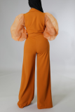 Orange Fashion Solid Without Belt Mesh V Neck Boot Cut Jumpsuits