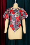 Red Fashion Print Patchwork Asymmetrical O Neck T-Shirts