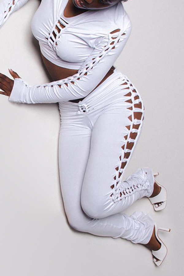 White Sexy Solid Hollowed Out Skinny Mid Waist Pencil Solid Color Bottoms