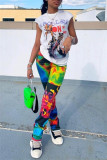 Multicolor Fashion Casual Print Patchwork Regular High Waist Trousers