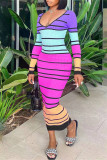 Yellow Fashion Casual Striped Print Basic Hot Drill V Neck Long Sleeve Dresses