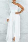 White Fashion Casual Solid Patchwork Backless Oblique Collar Regular Jumpsuits