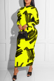 Yellow Fashion Casual Print Basic O Neck Long Sleeve Dresses