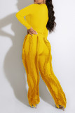 Yellow Casual Solid Tassel Patchwork O Neck Long Sleeve Two Pieces