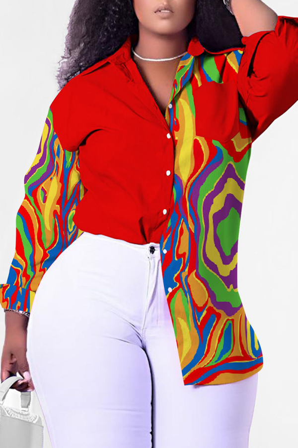 Red Casual Print Patchwork Turndown Collar Tops