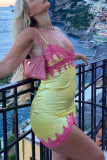 Yellow Sexy Patchwork Lace Spaghetti Strap Pencil Skirt Dresses