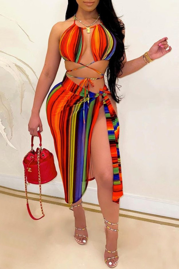 Colour Fashion Sexy Print Bandage Hollowed Out Backless Swimwears Set