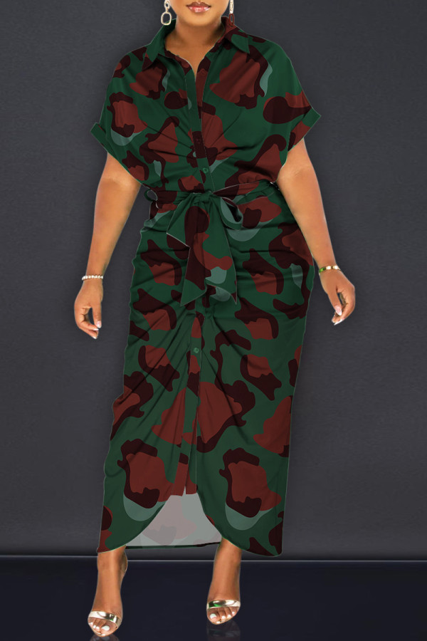 Camouflage Fashion Casual Print Patchwork Turndown Collar Shirt Dress