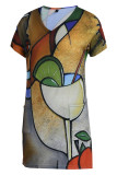 Multicolor Fashion Casual Print Patchwork V Neck Short Sleeve Dress