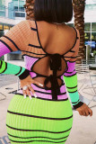 Yellow Fashion Casual Striped Print Basic Hot Drill V Neck Long Sleeve Dresses
