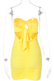 Yellow Sexy Solid Hollowed Out Strapless Pencil Skirt Dresses