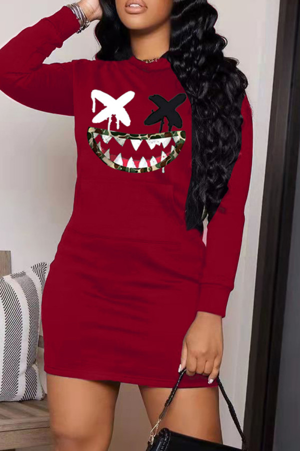 Burgundy Fashion Casual Patchwork Hooded Collar Long Sleeve Dresses