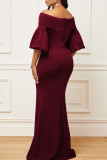 Burgundy Elegant Solid Patchwork Off the Shoulder Evening Dress Dresses