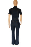 Deep Blue Casual Solid Patchwork Buckle Turndown Collar Straight Jumpsuits