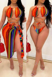 Colour Fashion Sexy Print Bandage Hollowed Out Backless Swimwears Set