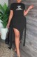 Black Fashion Elegant Print Slit Letter O Neck Short Sleeve Two Pieces