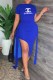 Royal Blue Fashion Elegant Print Slit Letter O Neck Short Sleeve Two Pieces