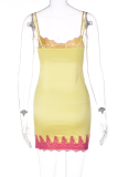 Yellow Sexy Patchwork Lace Spaghetti Strap Pencil Skirt Dresses