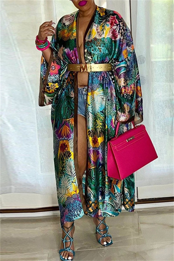 Green Fashion Casual Print Patchwork Cardigan Outerwear