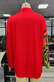 Red Casual Print Patchwork Turndown Collar Tops