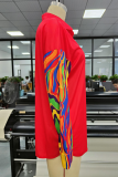 Red Casual Print Patchwork Turndown Collar Tops