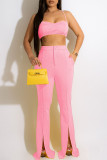 Pink Sexy Solid Patchwork Slit Spaghetti Strap Sleeveless Two Pieces