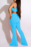 Sky Blue Sexy Solid Patchwork Slit Spaghetti Strap Sleeveless Two Pieces