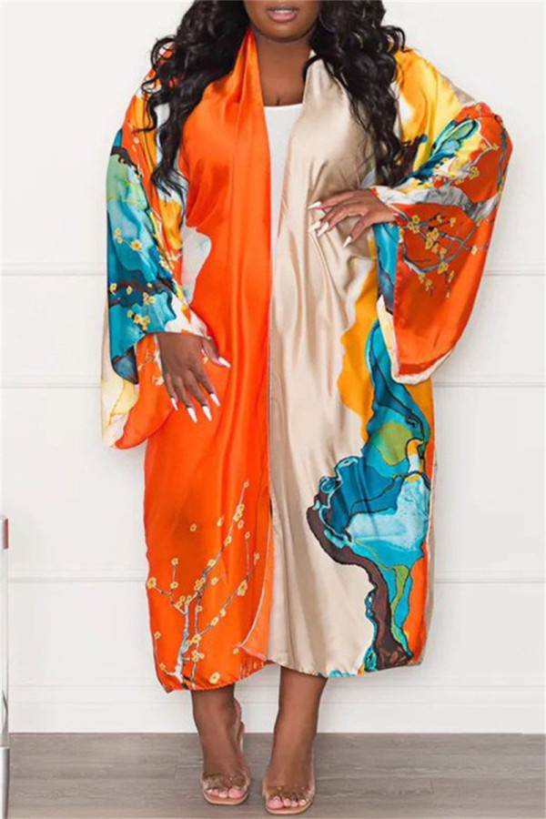 Orange Fashion Casual Print Patchwork Cardigan Outerwear
