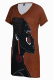 Coffee Fashion Casual Print Patchwork V Neck Short Sleeve Dress