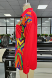 Red Casual Print Patchwork Turndown Collar Tops
