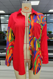 Red Casual Print Patchwork Turndown Collar Tops