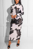 Yellow Fashion Casual Print Basic O Neck Long Sleeve Dresses