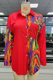 Red Casual Print Patchwork Turndown Collar Tops