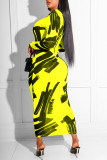 Yellow Fashion Casual Print Basic O Neck Long Sleeve Dresses