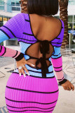 Yellow Fashion Casual Striped Print Basic Hot Drill V Neck Long Sleeve Dresses