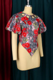 Red Fashion Print Patchwork Asymmetrical O Neck T-Shirts
