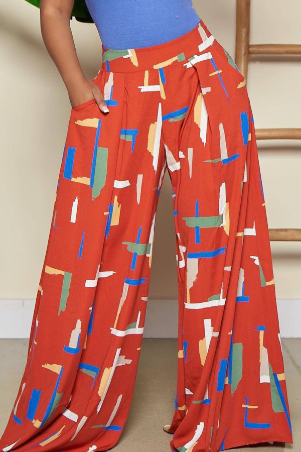 Tangerine Casual Print Patchwork High Waist Wide Leg Full Print Bottoms