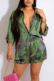 Green Casual Print Patchwork Buckle Turndown Collar Three Quarter Two Pieces