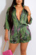 Green Casual Print Patchwork Buckle Turndown Collar Three Quarter Two Pieces