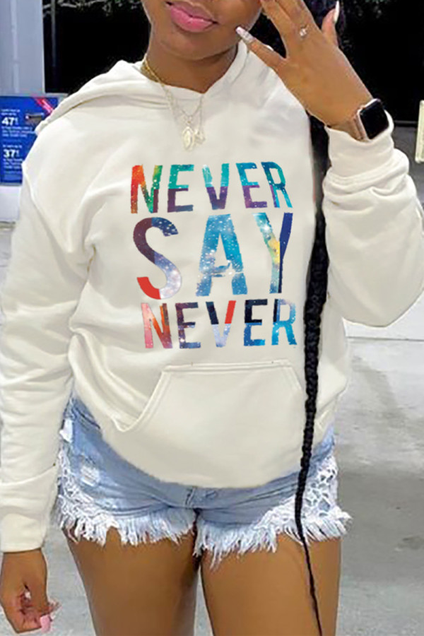 White Fashion Casual Letter Print Basic Hooded Collar Tops
