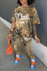 Light Brown Casual Print Patchwork O Neck Short Sleeve Two Pieces