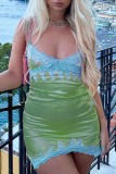 Yellow Sexy Patchwork Lace Spaghetti Strap Pencil Skirt Dresses