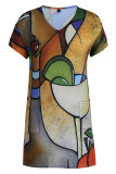 Multicolor Fashion Casual Print Patchwork V Neck Short Sleeve Dress
