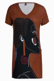 Coffee Fashion Casual Print Patchwork V Neck Short Sleeve Dress