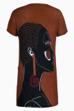 Coffee Fashion Casual Print Patchwork V Neck Short Sleeve Dress