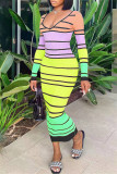 Yellow Fashion Casual Striped Print Basic Hot Drill V Neck Long Sleeve Dresses