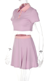 Pink Fashion Solid Patchwork Turndown Collar Short Sleeve Two Pieces